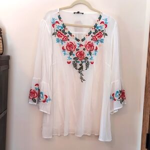 ANDREE BY UNIT White Embroidered V-Neck Tunic with Red & Blue Floral Accents